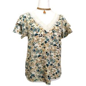 SHEIN Floral White Ruffle Short Sleeve Blouse Top Shirt Size Small